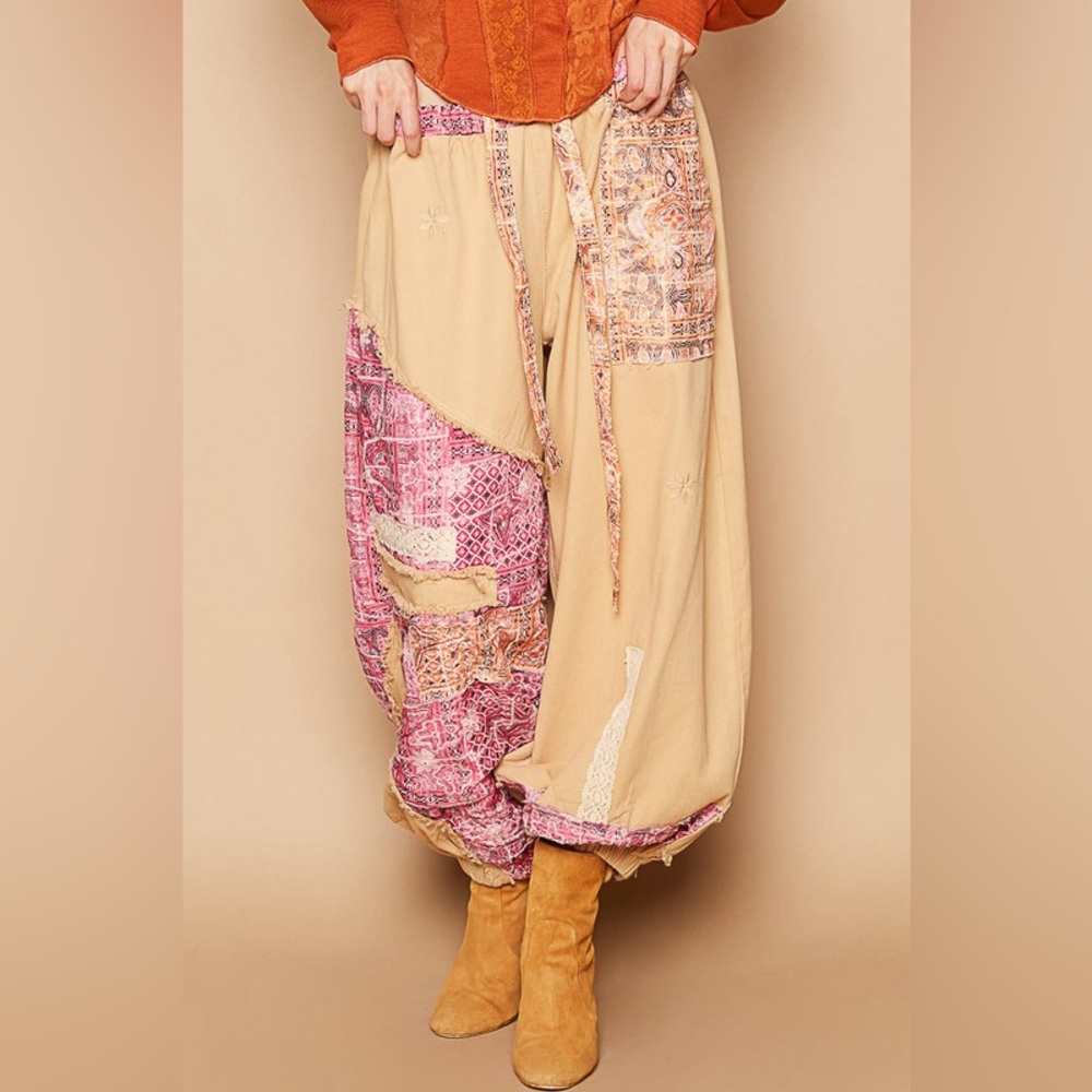 Bohemian Patchwork Joggers - Beige and Pink